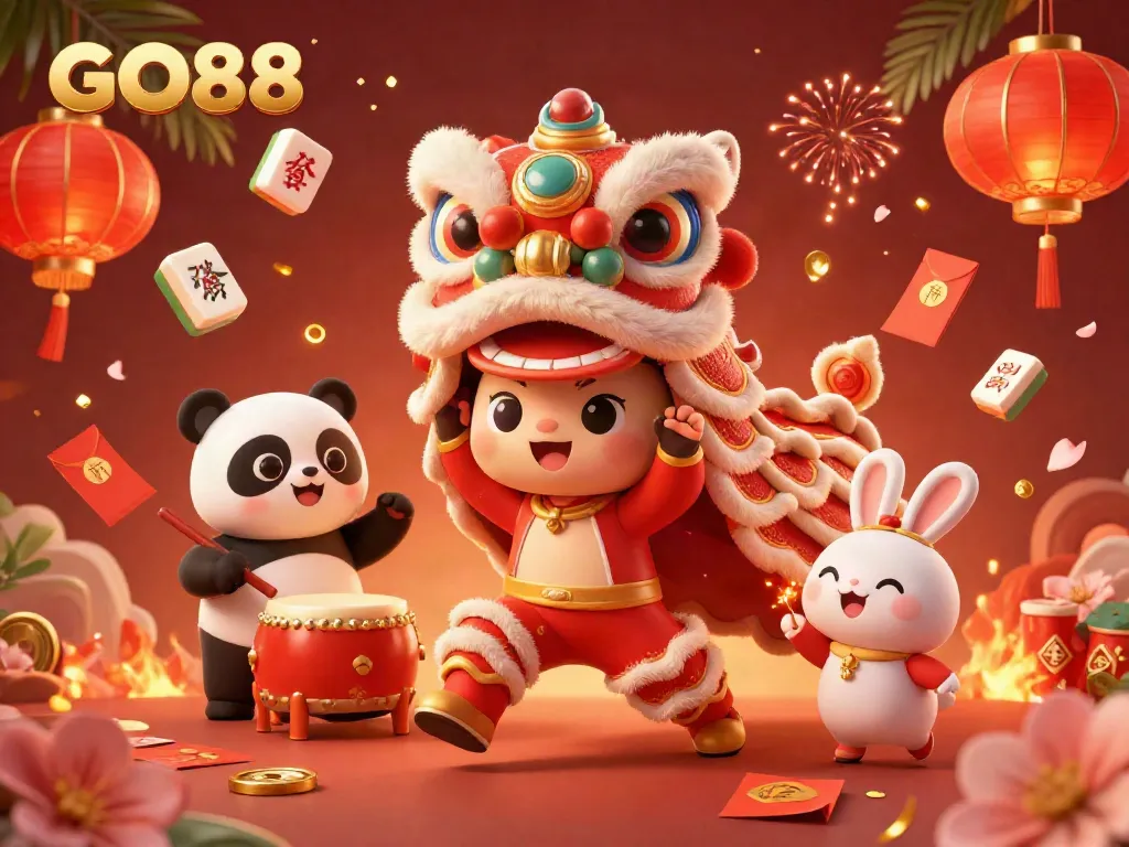 Experience exciting gameplay at GO88 with festive characters and casino elements celebrating the joy of online gaming.