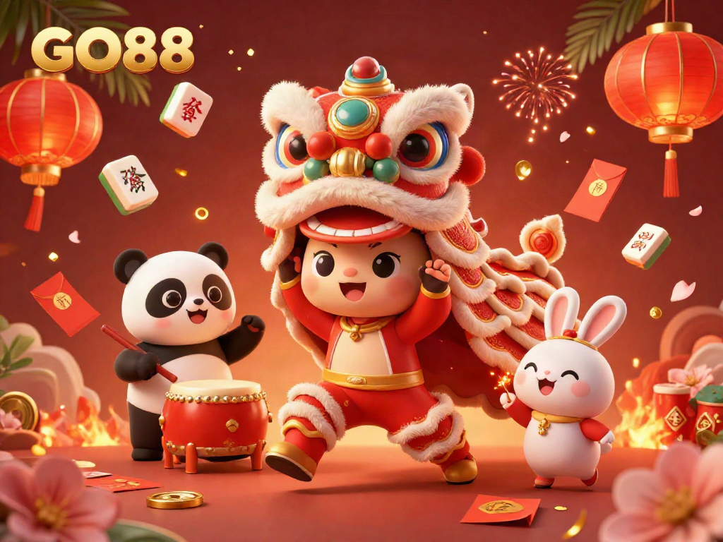 Experience exciting gameplay at GO88 with festive characters and casino elements celebrating the joy of online gaming.