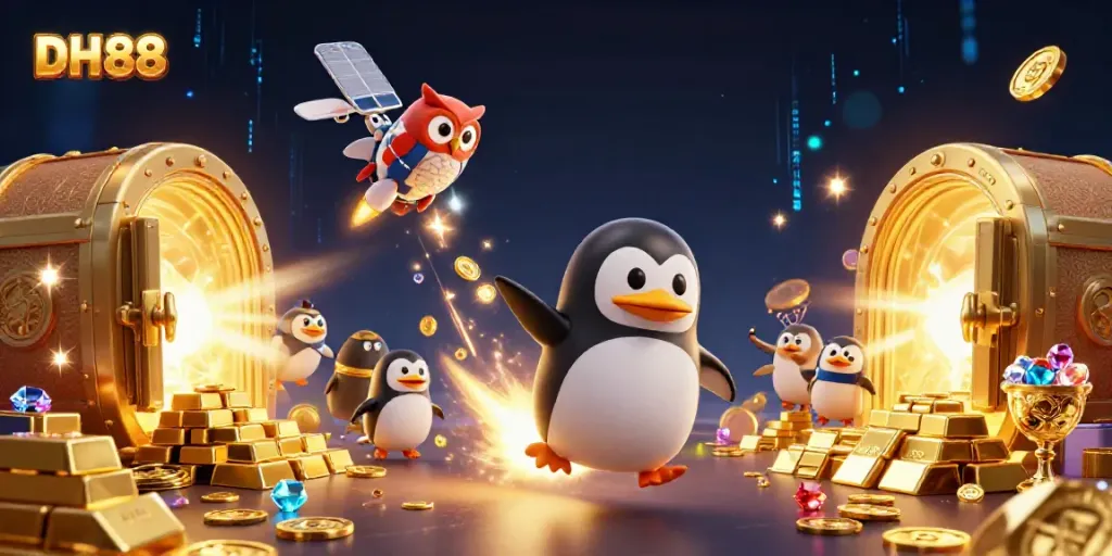 Experience the thrilling gaming adventure with DH 88 featuring a golden penguin soaring towards a vibrant casino.