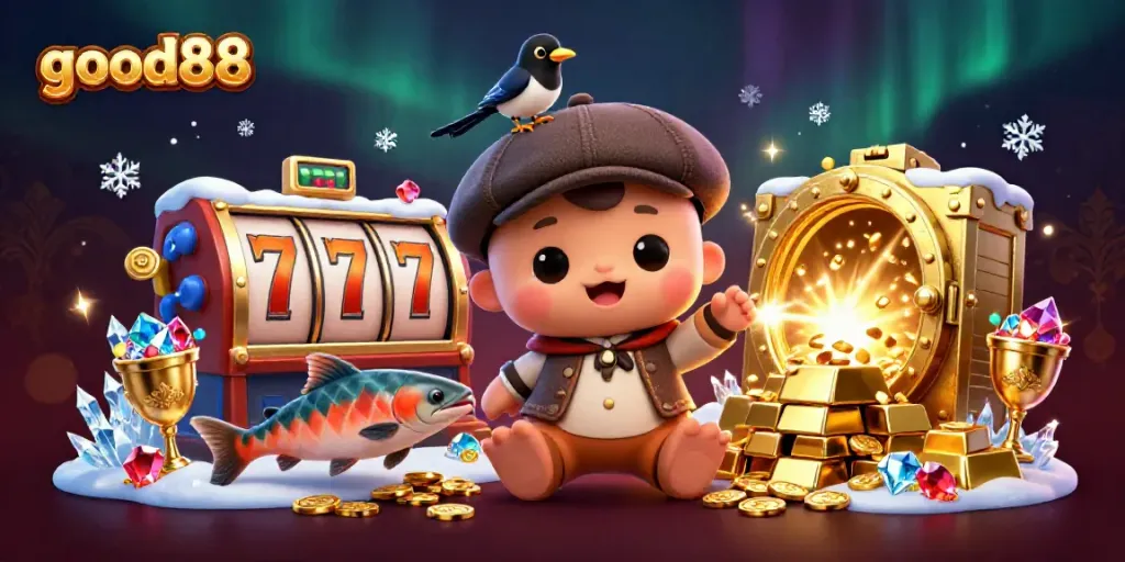 Experience thrilling casino fun with good88 featuring playful characters and dynamic gold elements.