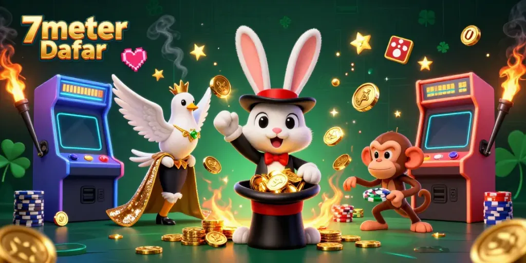 Experience the thrill of 7meter Daftar adventures with a cartoon magician pulling coins in a vibrant casino.