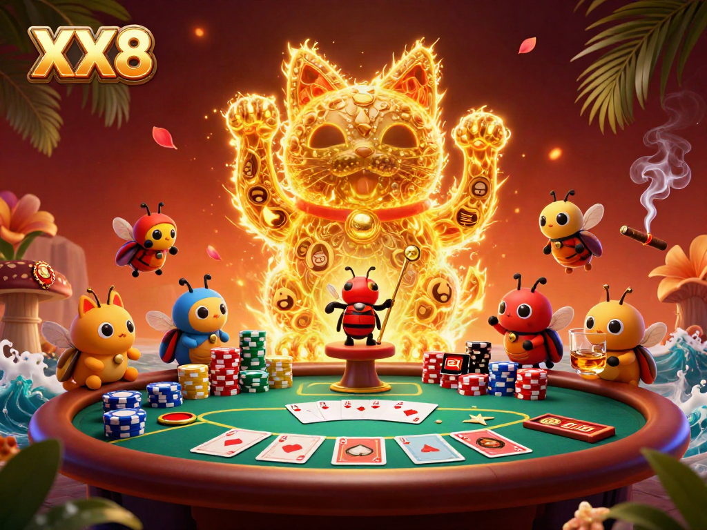 Engage with the vibrant XX8 luck-themed casino scene featuring a lucky cat and poker elements.