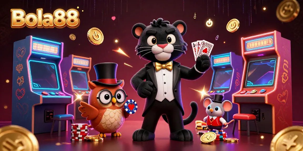 Bola88 card dealer scene with a stylish panther, a cute owl with poker chips, and a lucky mouse amidst glowing game machines.