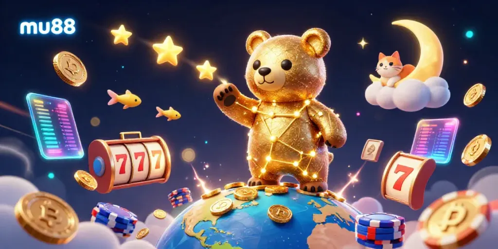 Engage in thrilling casino fun with mu88's vibrant cartoon bear scooping coins amid dynamic slot reels.