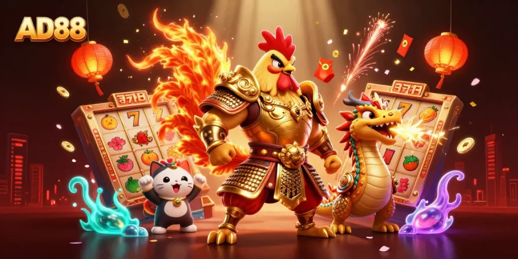 Engage in a thrilling AD88 online casino scene with dynamic characters amidst vivid gaming elements.