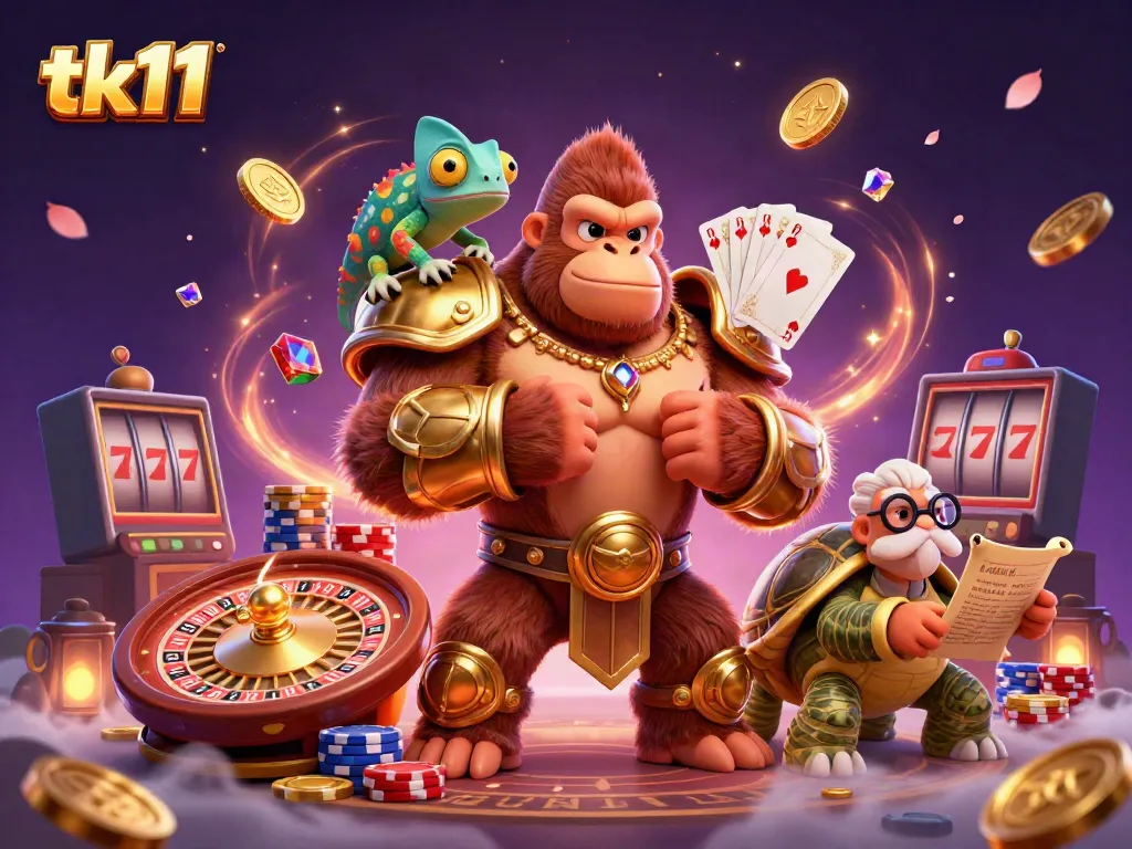 Engaging tk11 casino scene featuring a powerful gorilla, chameleon, and tortoise amidst vibrant gaming elements.