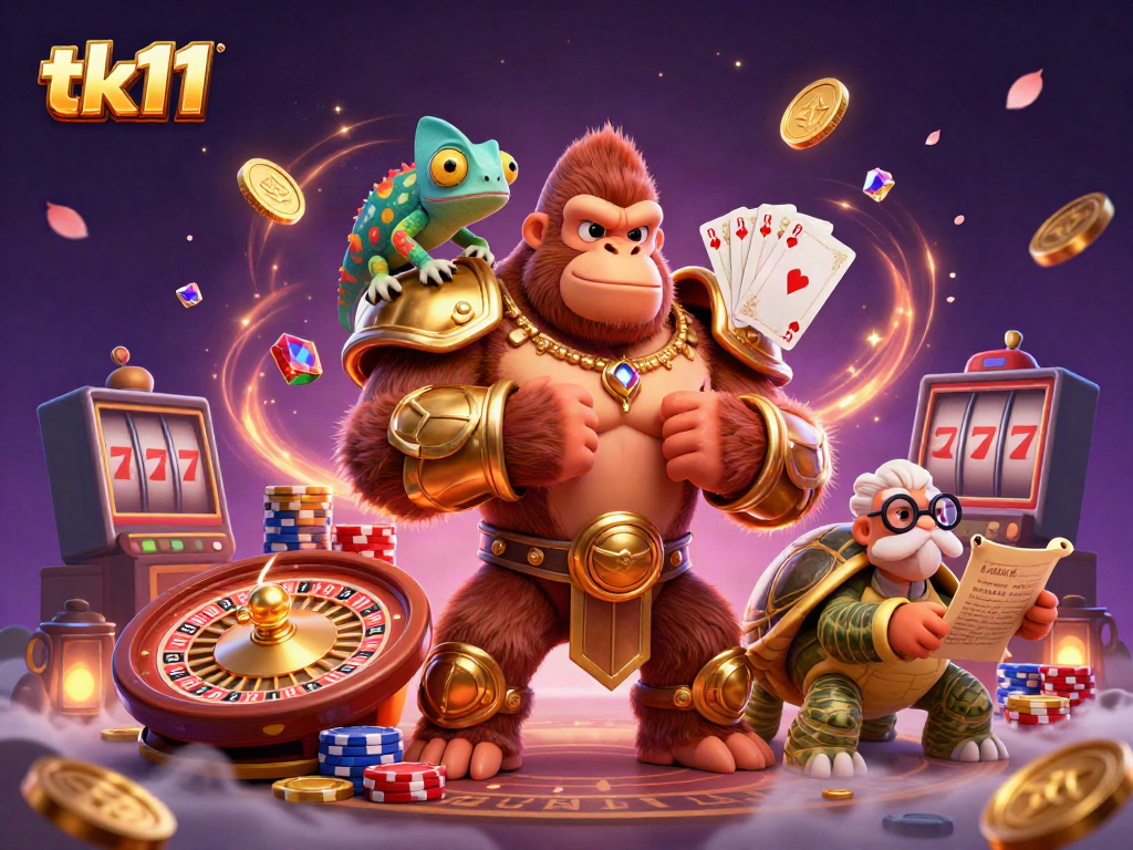 Engaging tk11 casino scene featuring a powerful gorilla, chameleon, and tortoise amidst vibrant gaming elements.