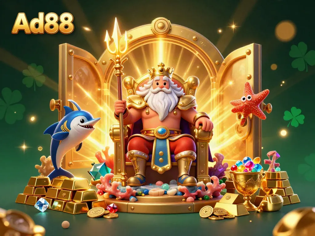 Experience the thrill at Ad88 with Neptune, treasure, and vibrant casino elements.