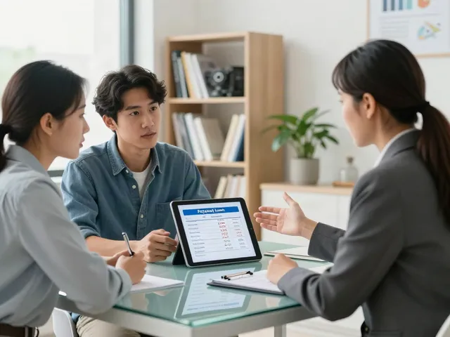 Payday Loans Co Alberta discussion between financial advisor and couple in modern office.