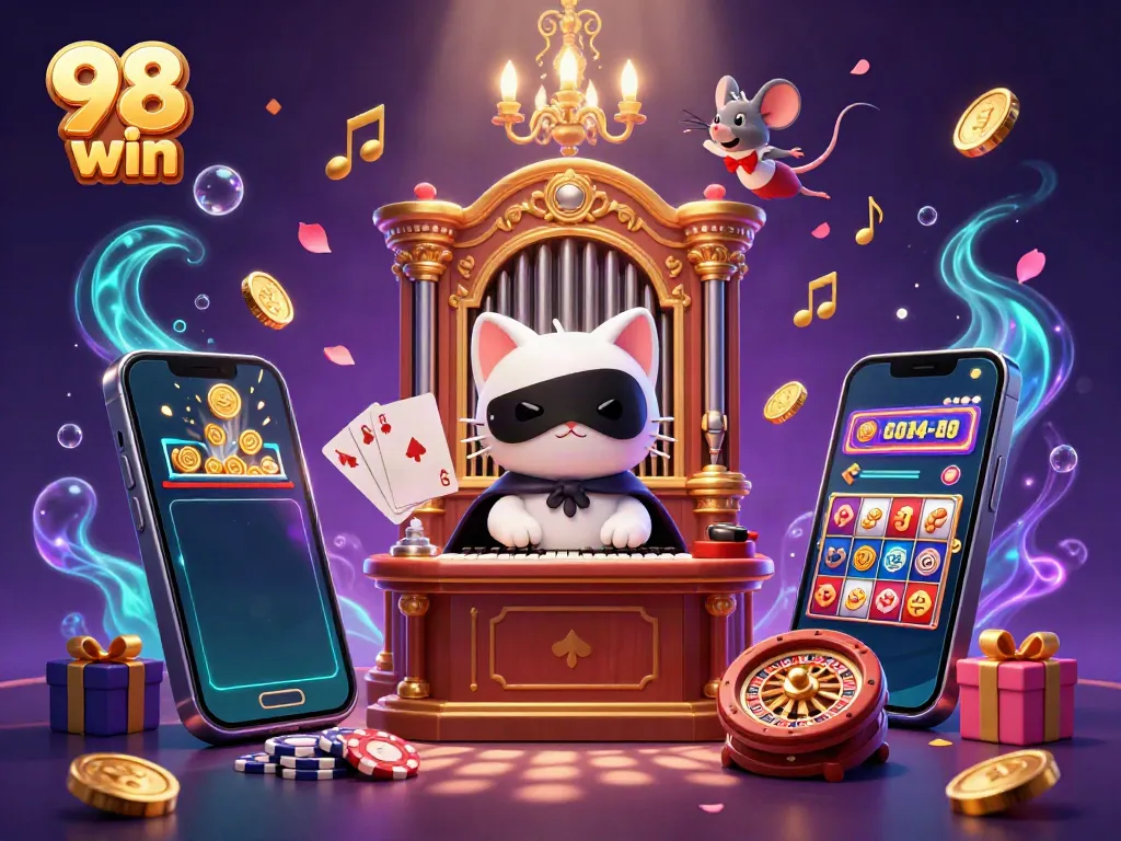 Experience the thrill of 98 win with an exciting casino scene featuring iconic game elements and characters.