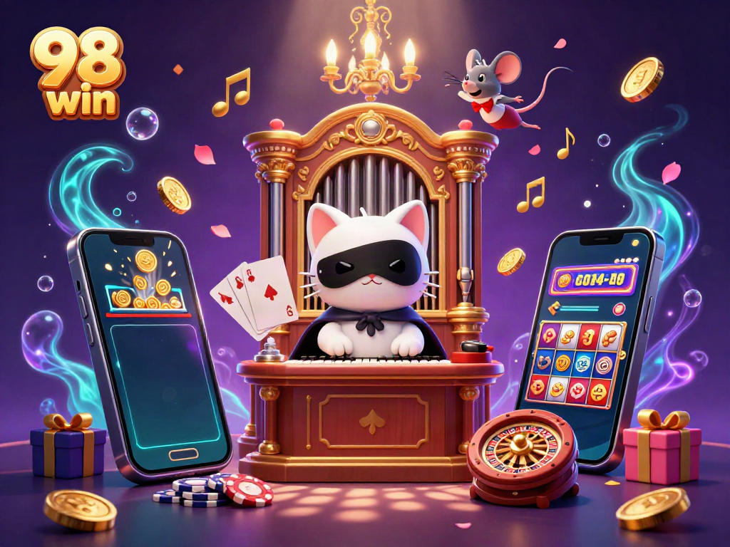 Experience the thrill of 98 win with an exciting casino scene featuring iconic game elements and characters.