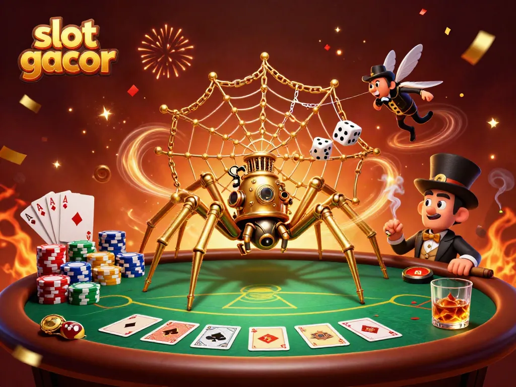 Experience thrilling gameplay with slot gacor and a golden spider weaving its web of fortune.