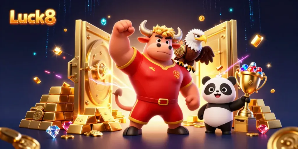 Luck8 showcases an exciting casino scene with a triumphant bull mascot, eagle, and panda among treasure.