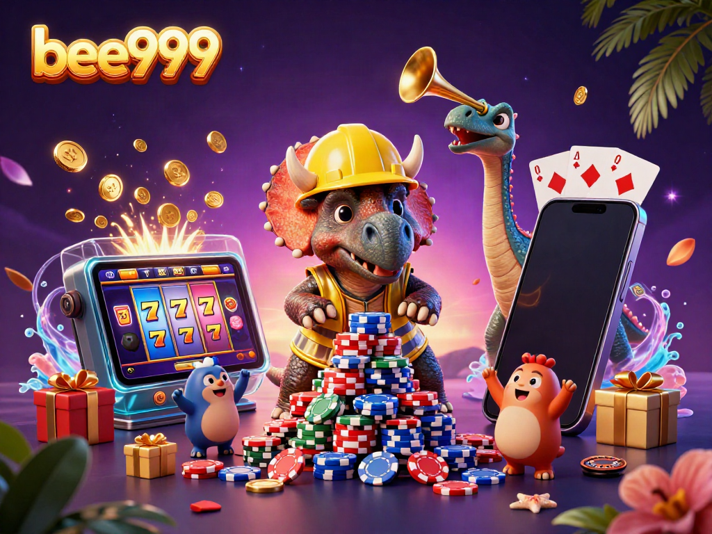 Engage with thrilling casino action at bee999 with a festive triceratops and dynamic gaming elements.