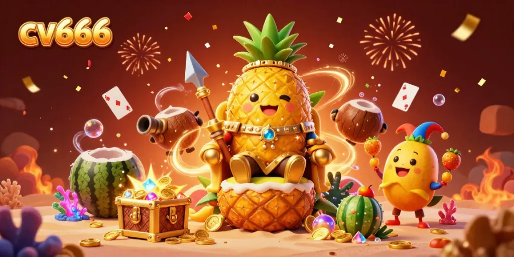 Experience the excitement of cv666 casino with a vibrant 3D illustration of a golden pineapple king and tropical casino elements.
