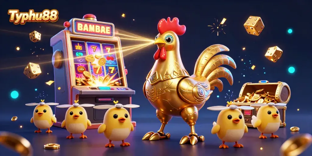 Experience Typhu88 with this vibrant 3D illustration showcasing a golden rooster robot amidst casino elements.