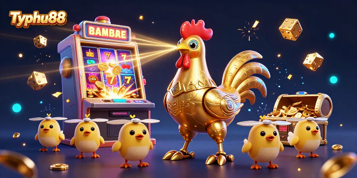 Experience Typhu88 with this vibrant 3D illustration showcasing a golden rooster robot amidst casino elements.