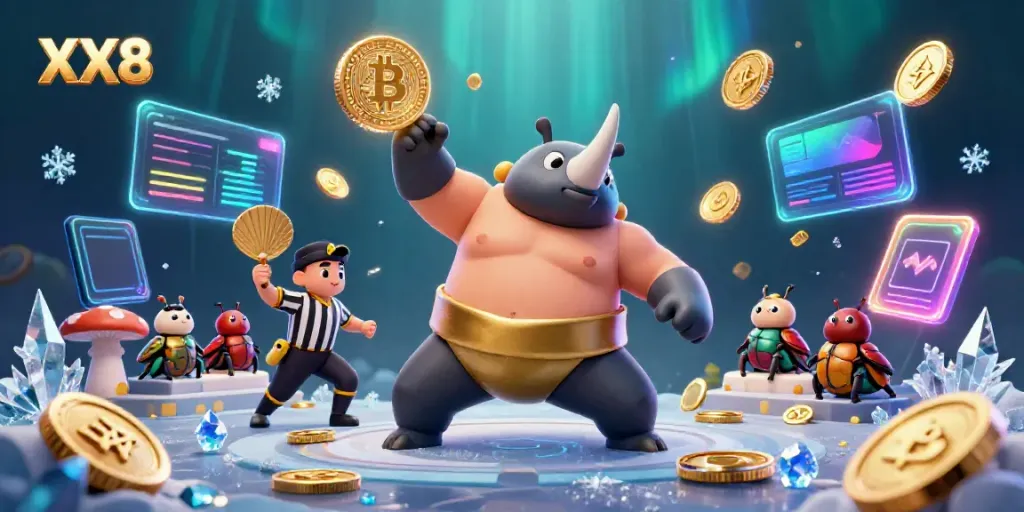 Experience the dynamic energy of the XX8 gaming universe with our cartoon beetle champions in a thrilling casino scene.
