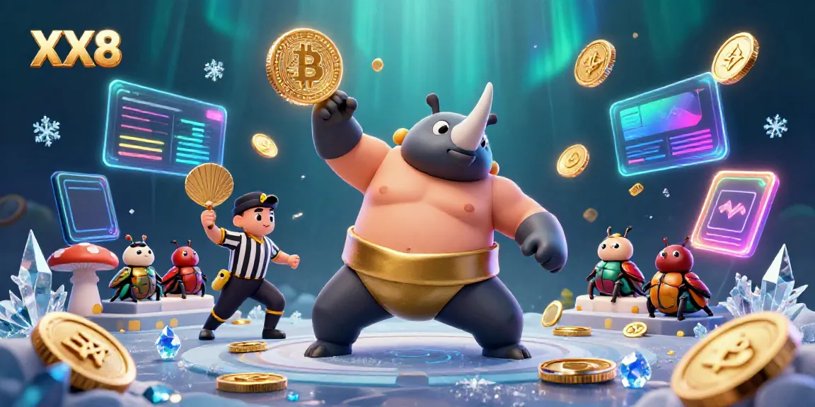 Experience the dynamic energy of the XX8 gaming universe with our cartoon beetle champions in a thrilling casino scene.