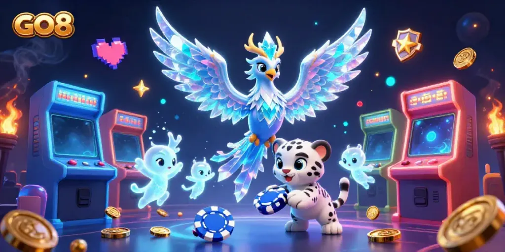 Engage with GO8 in this vibrant 3D animated casino scene featuring a playful snow leopard and an enchanting ice phoenix.