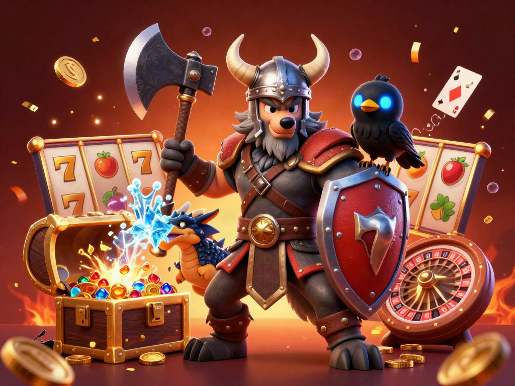 Join the excitement of IDC88JOKER with a Viking warrior, dragon, and dazzling slot elements.