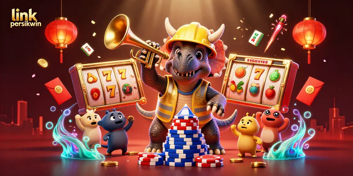 Tunjukkan link persikwin dengan triceratops membangun tumpukan chip poker dikelilingi elemen judi yang meriah.