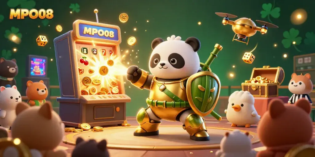 MPO08 illustrates a vibrant scene where a golden panda piloting a robot engages with jackpot-winning elements.