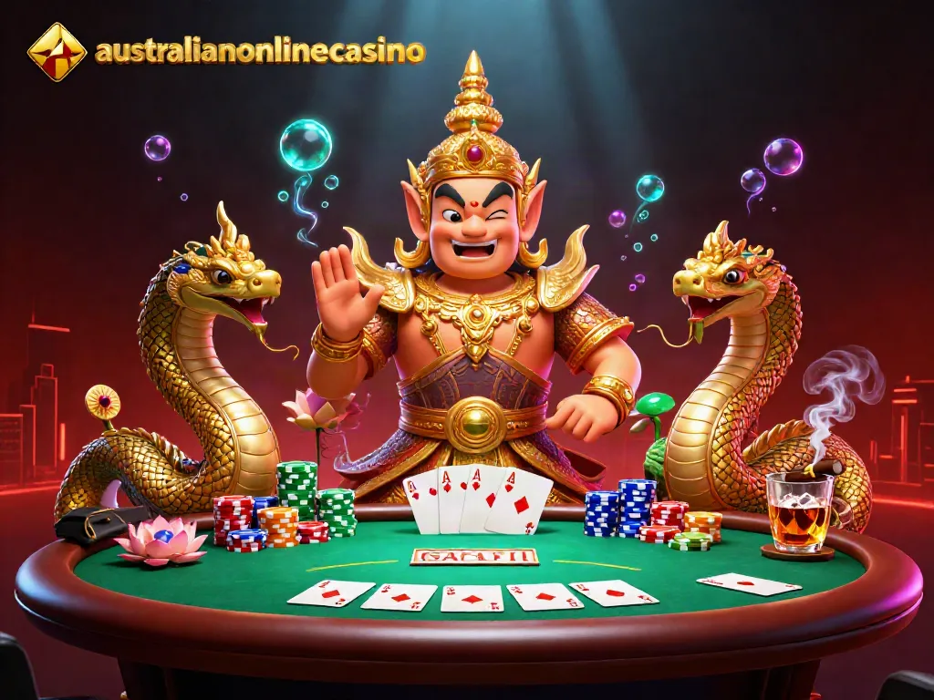 Join the fun at australianonlinecasino with vibrant 3D characters enjoying poker and casino games in a dynamic scene.