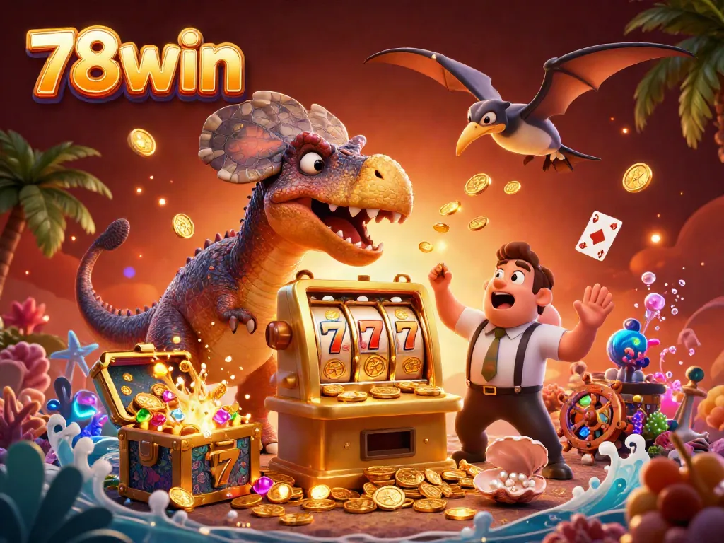Catching flying coins at 78win with a dinosaur hitting a jackpot slot machine in a vibrant casino scene.