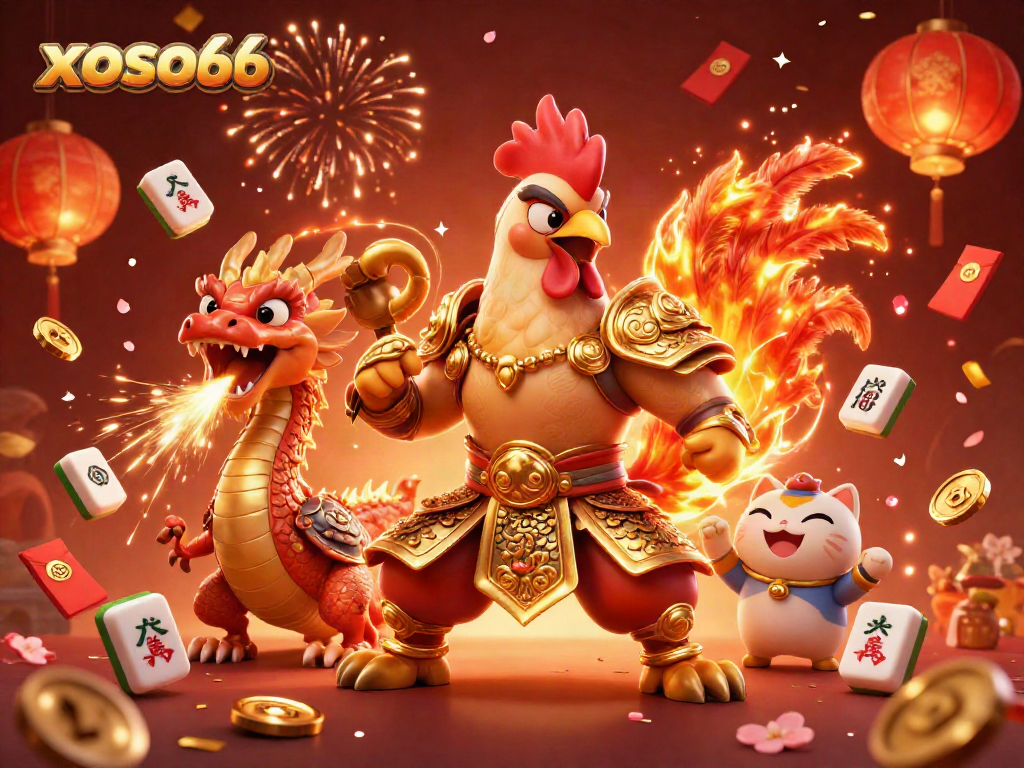 Engage with xoso66 through thrilling illustrations of a rooster warrior and golden dragon, celebrating casino adventures.