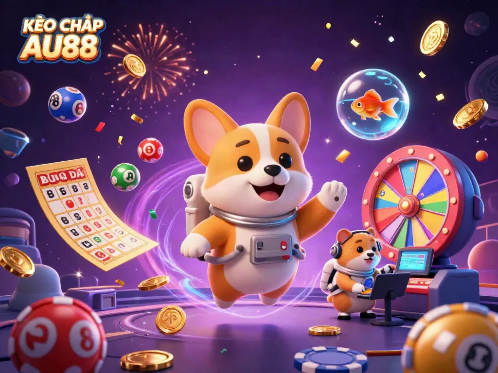 KÈO CHẤP BÓNG ĐÁ AU88 comes alive with a vibrant 3D illustration featuring a floating space casino scene.