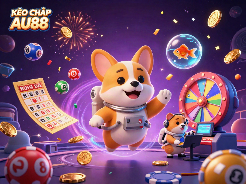 KÈO CHẤP BÓNG ĐÁ AU88 comes alive with a vibrant 3D illustration featuring a floating space casino scene.