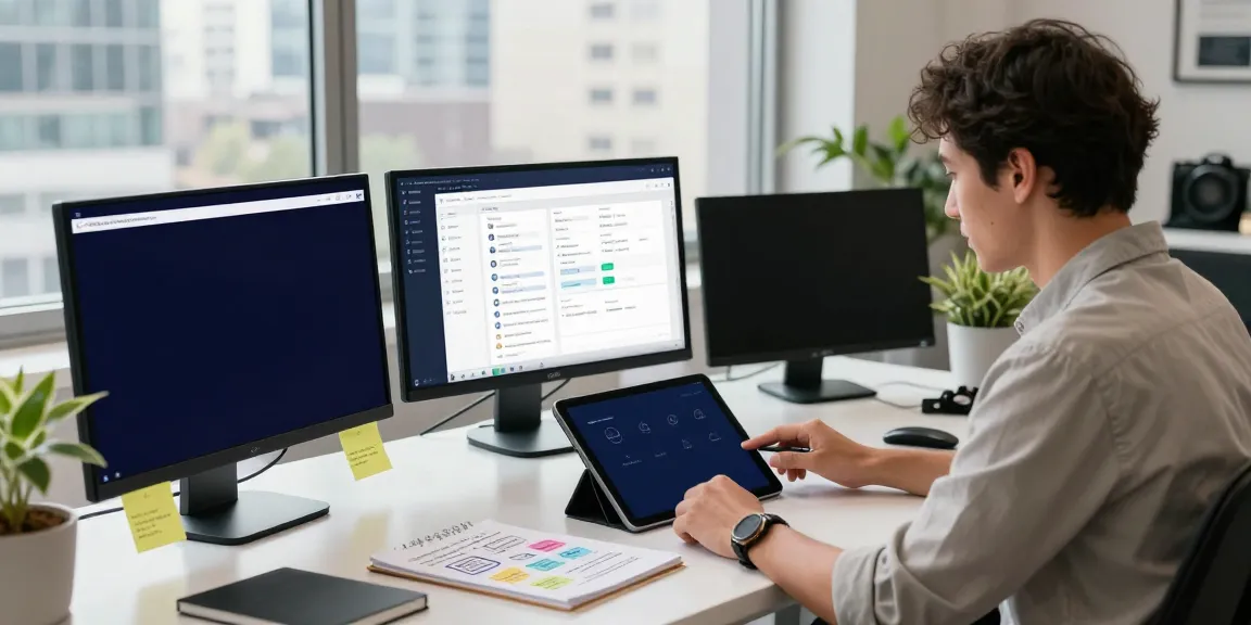 Focused professional analyzing 링크모음 categories at a digital workspace with vibrant current links.