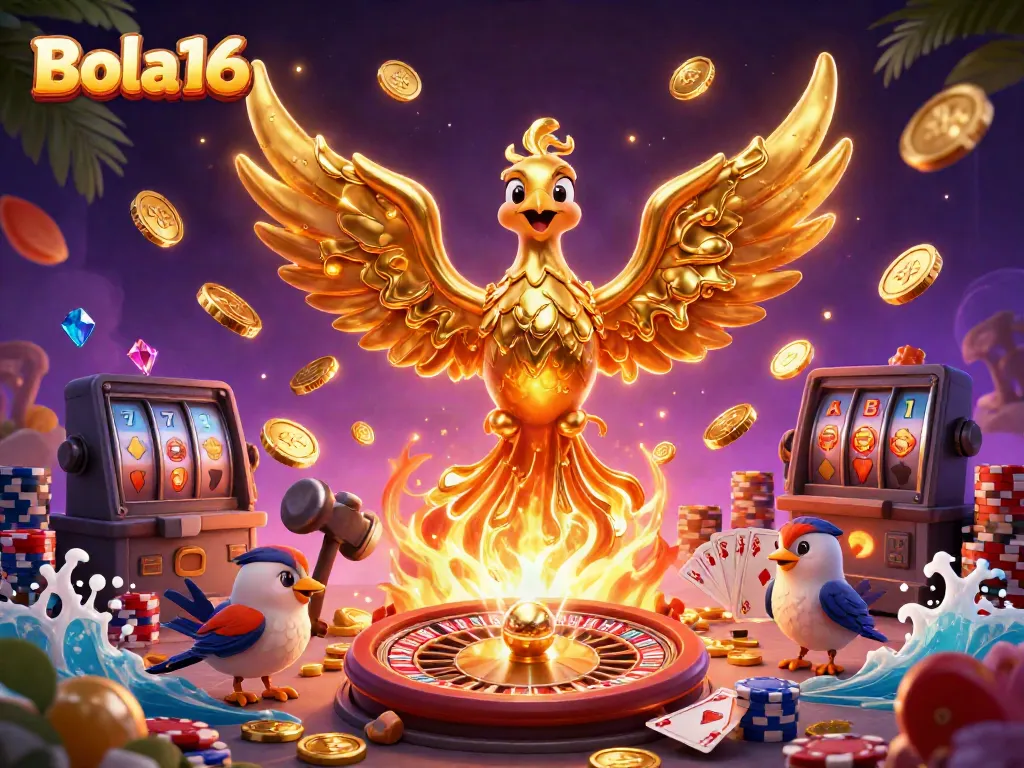 Bola16's molten phoenix emerges with gold coins, celebrating a vibrant casino atmosphere.