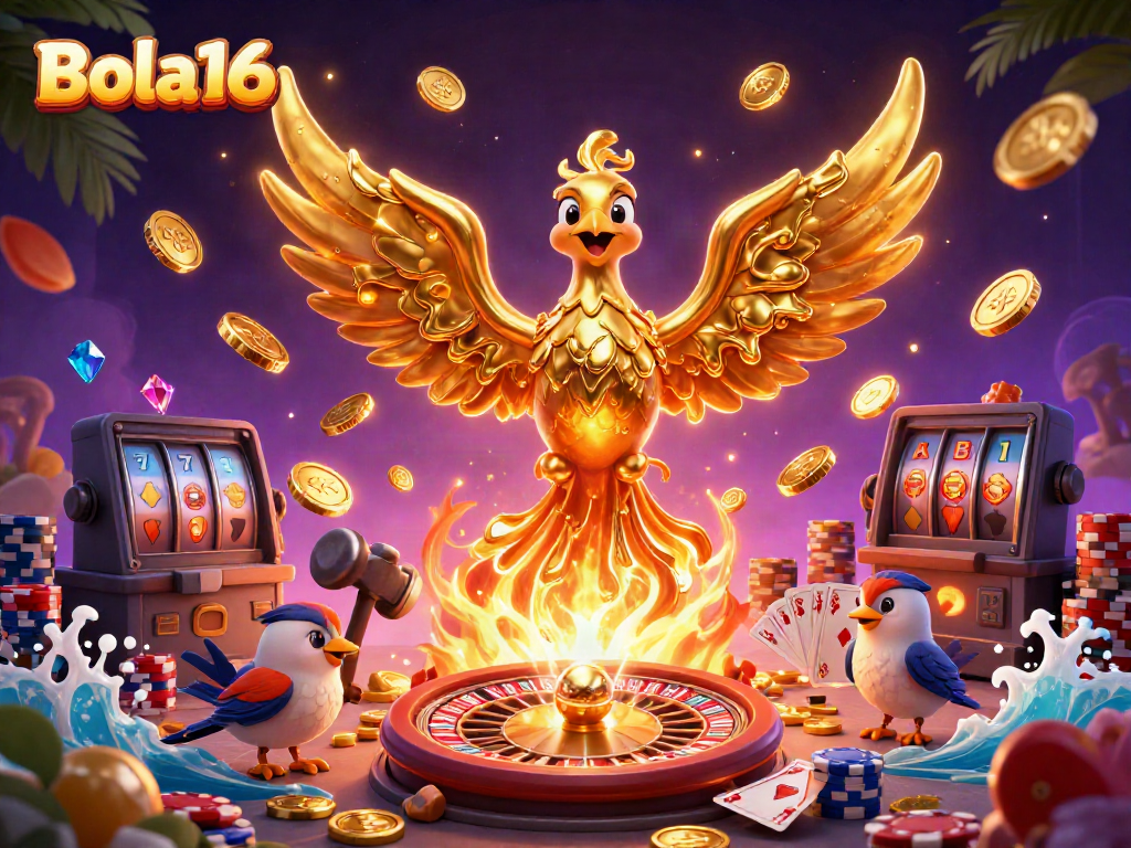 Bola16's molten phoenix emerges with gold coins, celebrating a vibrant casino atmosphere.