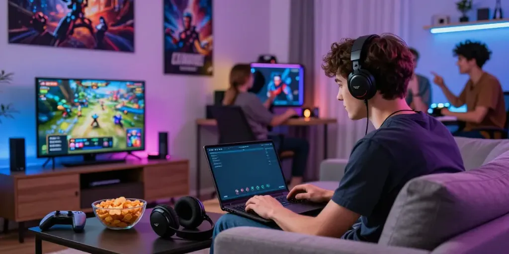 Young adult gaming enthusiast engaging with a mod apk on smartphone.