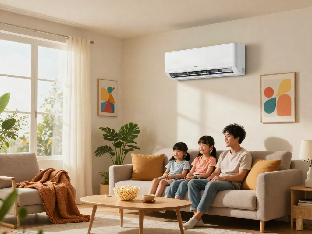 Cozy living room showcasing a modern mini split ac unit while family enjoys movie night.