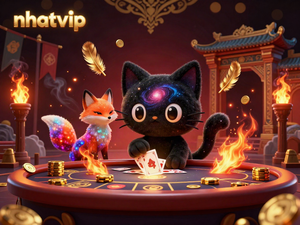 Experience the cosmic thrill of nhatvip as a cartoon black hole cat and gas cloud fox draw in golden chips and cards at a lively casino table.