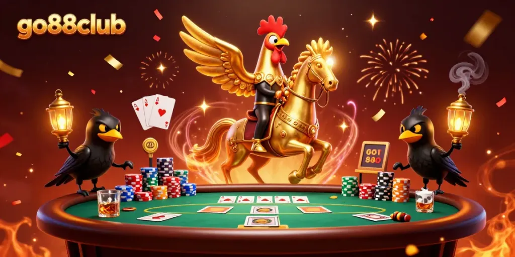 Experience thrilling gaming action with go88club featuring a golden rooster and poker elements in a vibrant casino.