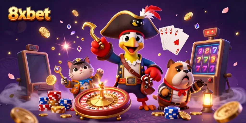 Experience thrilling gaming action with 8xbet's vibrant casino scene featuring animated characters and rich casino elements.