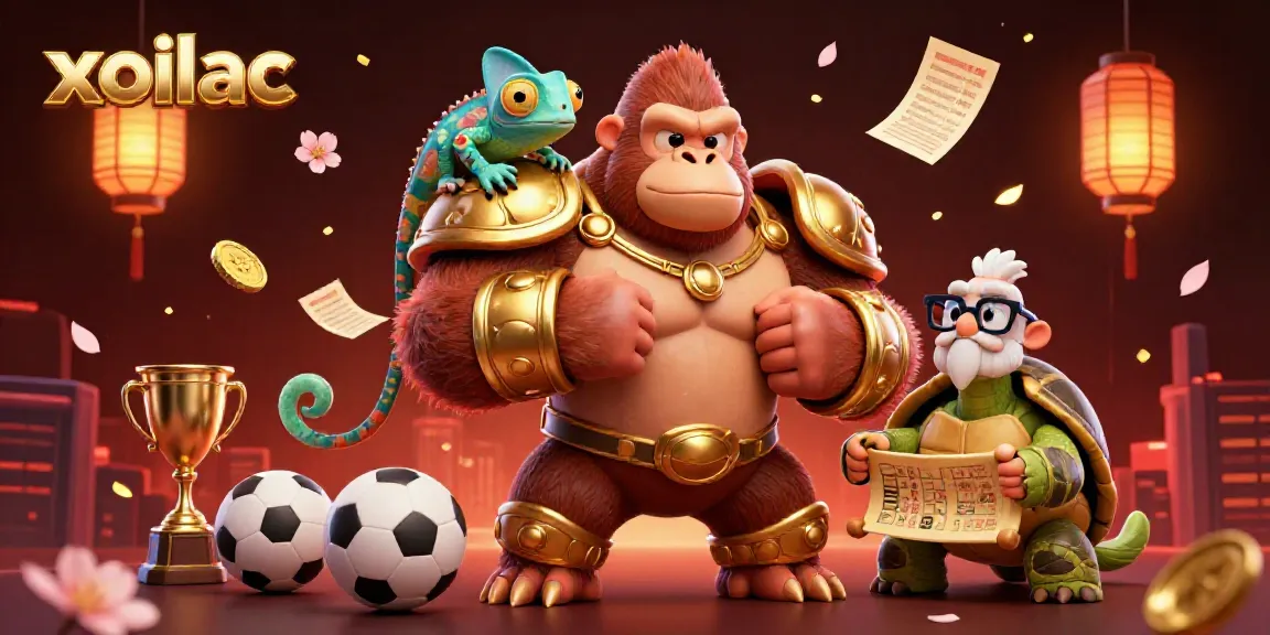 Watch powerful gorilla king and friends engage in exciting sports betting action at xoilac, illustrated in vibrant colors.