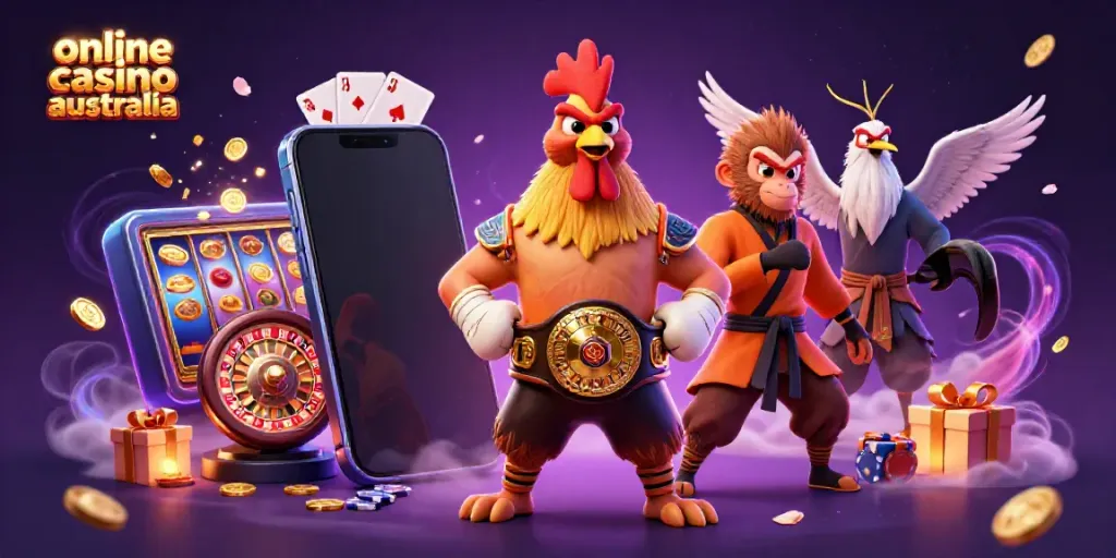 Engage in vibrant online casino Australia action with a Muay Thai rooster, Shaolin monkey, and crane master.