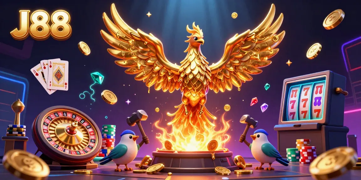 Experience the energy of the J88 phoenix transformation amid vibrant casino elements like roulette and poker chips.