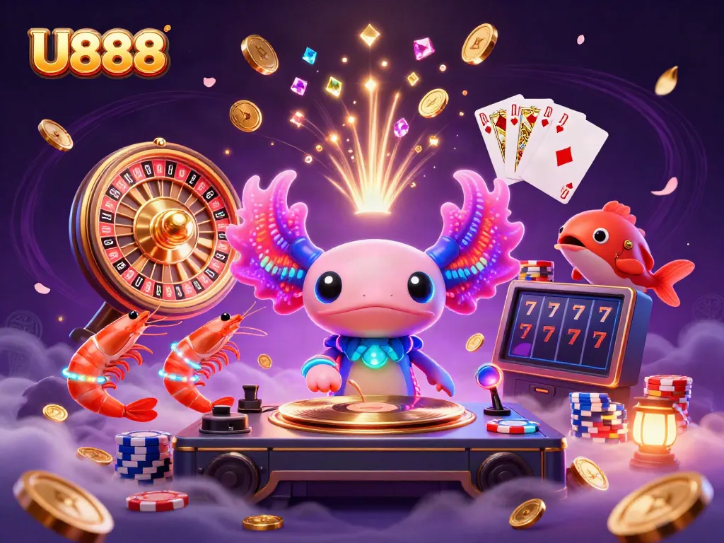 Experience U888's vibrant casino atmosphere with a neon axolotl DJ and lively sea creatures.