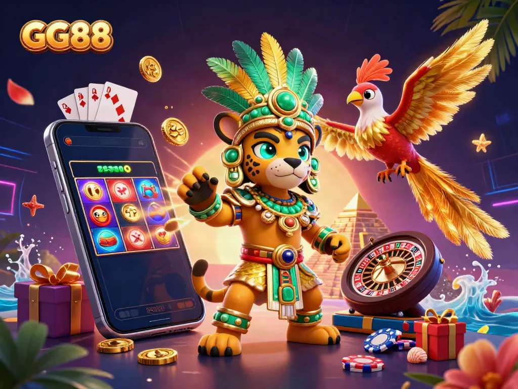 GG88 illustrates dynamic online gaming with colorful slots, a vibrant character scene, and cascading coins.