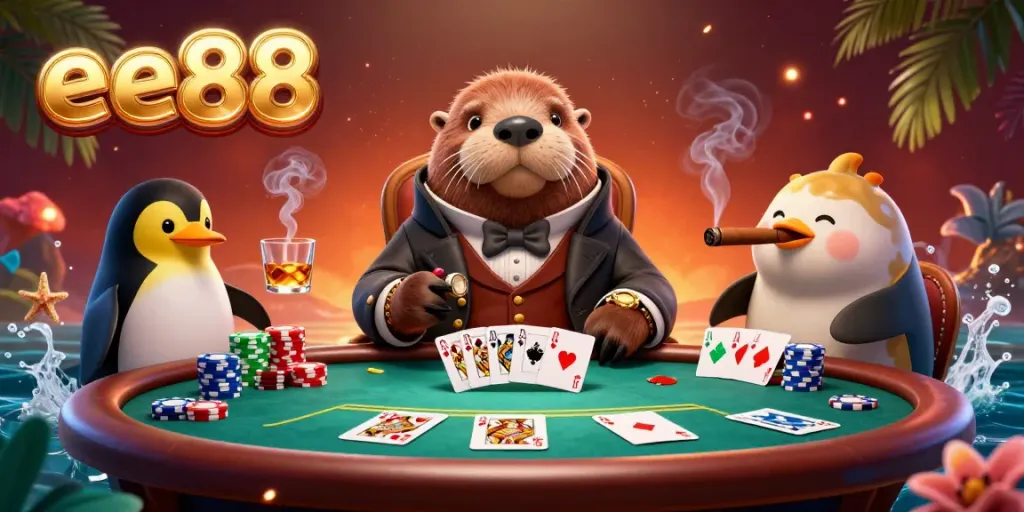 Engage with exciting poker at ee88 with cartoon walrus and penguin dealer in vibrant underwater scene.
