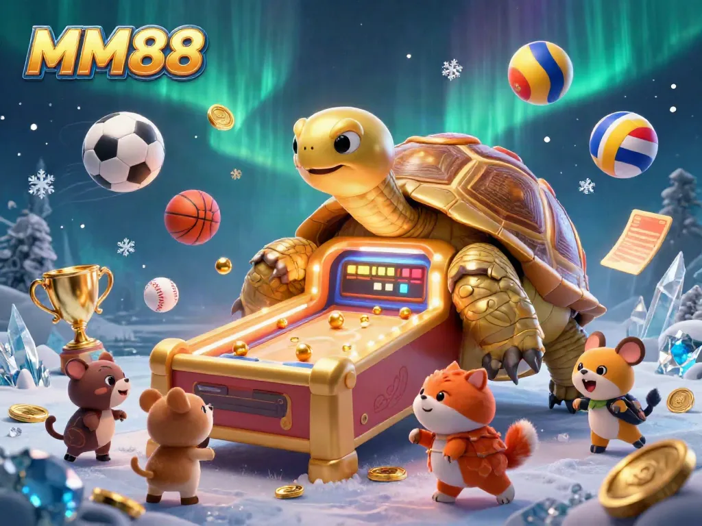 Experience the thrill of MM88 with a vibrant 3D illustration of a golden tortoise pinball machine, exciting games, and friends waiting to join.