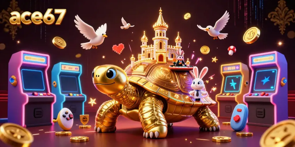 Engaging scene of ace67's casino with a golden tortoise, rabbit dealer, and birds showcasing a vibrant gaming atmosphere.