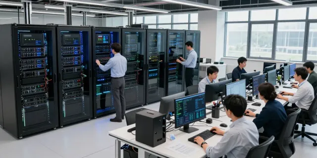 Engineers collaborating in a modern AI data center, showcasing high-density GPU racks.