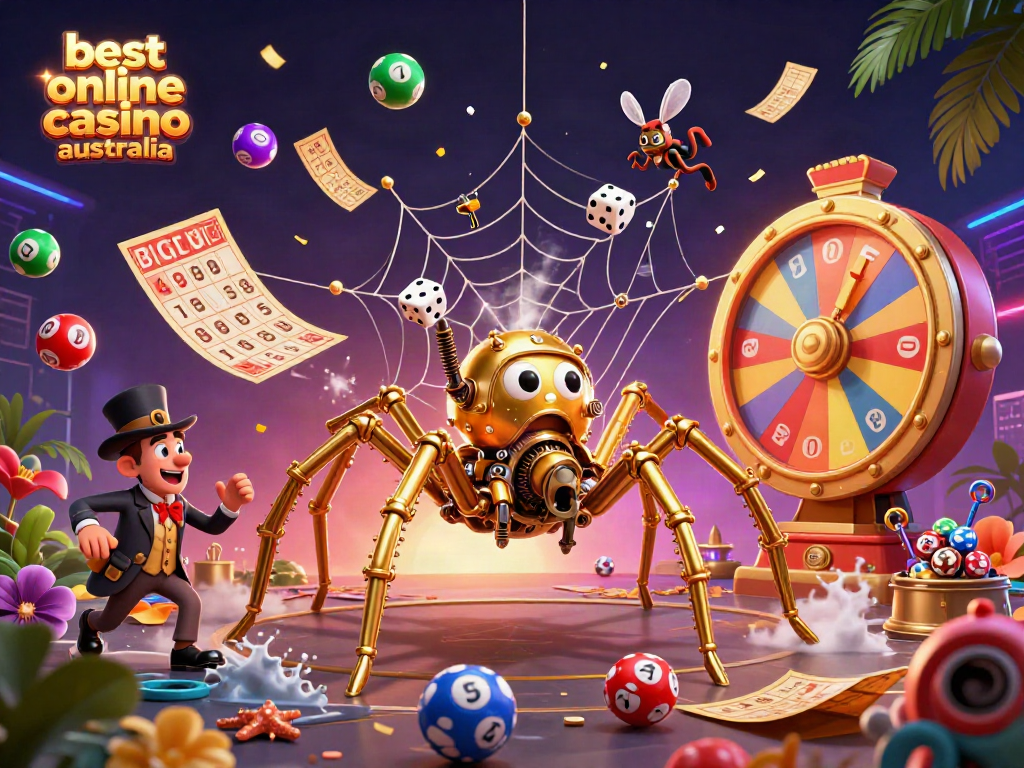 Engaging illustration featuring the best online casino Australia, showcasing a steampunk spider web with colorful lottery graphics.